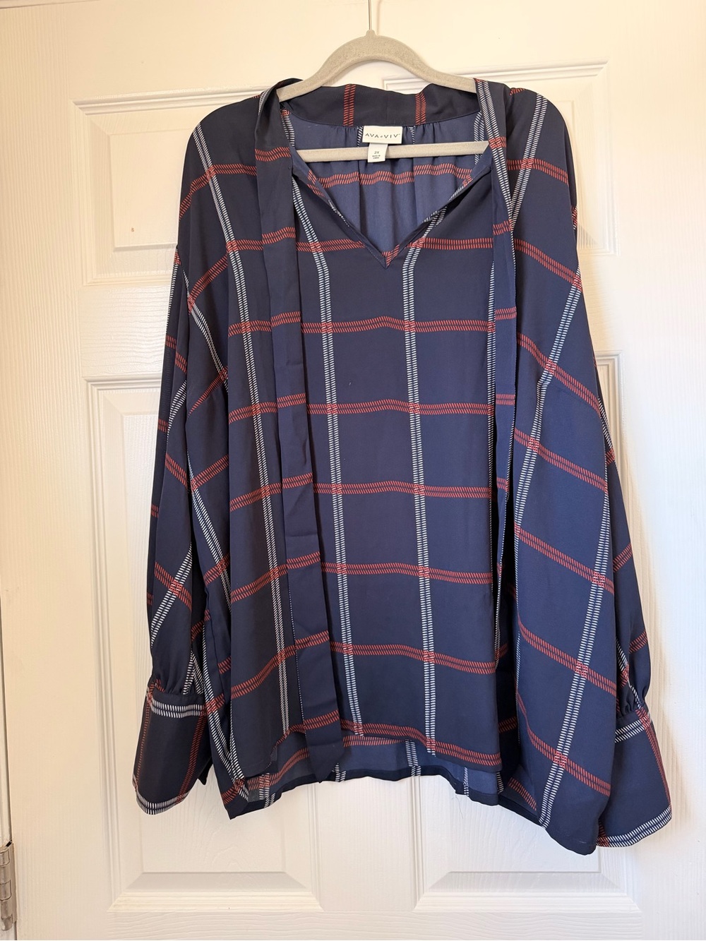 Ava & Viv Navy Blue Plaid Tie Neck Balloon Sleeve Blouse 2X